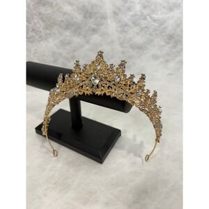 Gold Rhinestone Tiara Crown Filigree Wedding Pageant Prom Headpiece Clear Stones